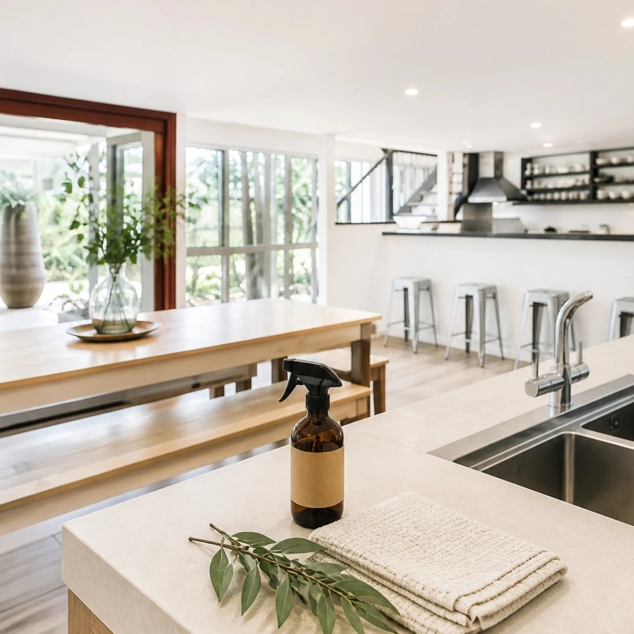 clean kitchen with spray bottle towels greenery